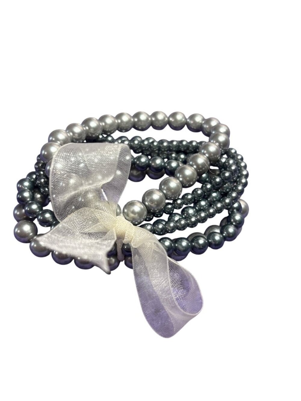 Blue Grey Glass Faux Pearl Beaded Multi Strand Stretchy Bracelet Ribbon Tied